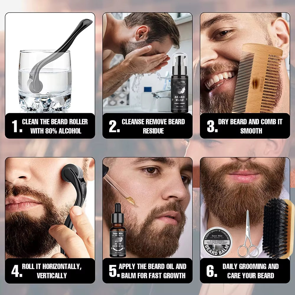 Beard Growth Kit Beard Hair Enhancer Growth Thickening Activator Serum Beard Oil, Beard Balm, Bamboo Brush Comb Beard Care Kit